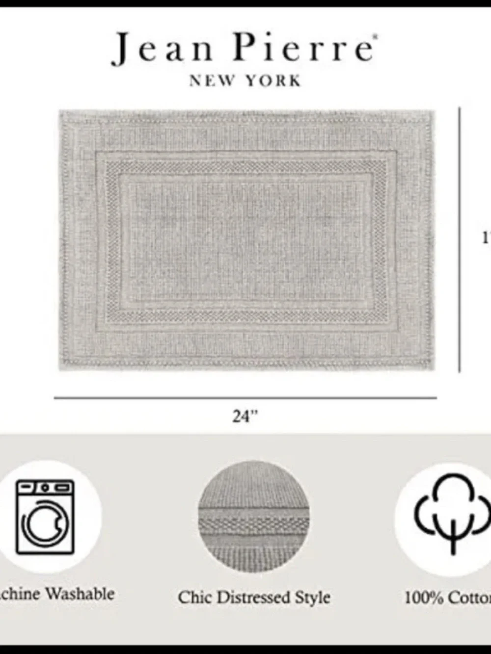 Jean Pierre Stonewash Racetrack Bath Rug  100% Cotton Light Grey 17x24 Inch